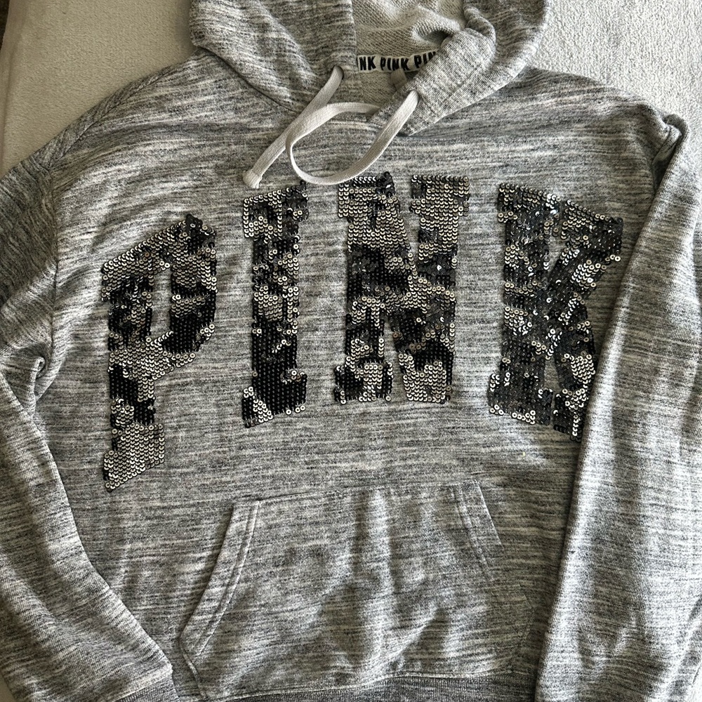 Gray PINK Victoria's Secret Hoodie with Sequin Logo - Size Small